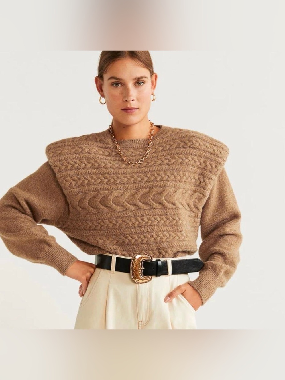 Mango Cable Knit Crew Sweater in Camel Brown size XS